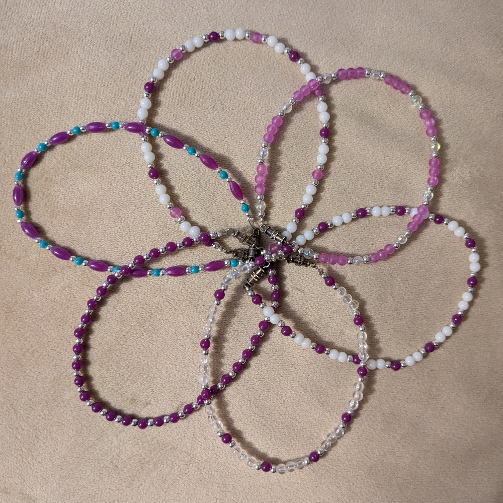 Set of Six Vintage Handmade Stackable Purple-Lover's Ankle Bracelets